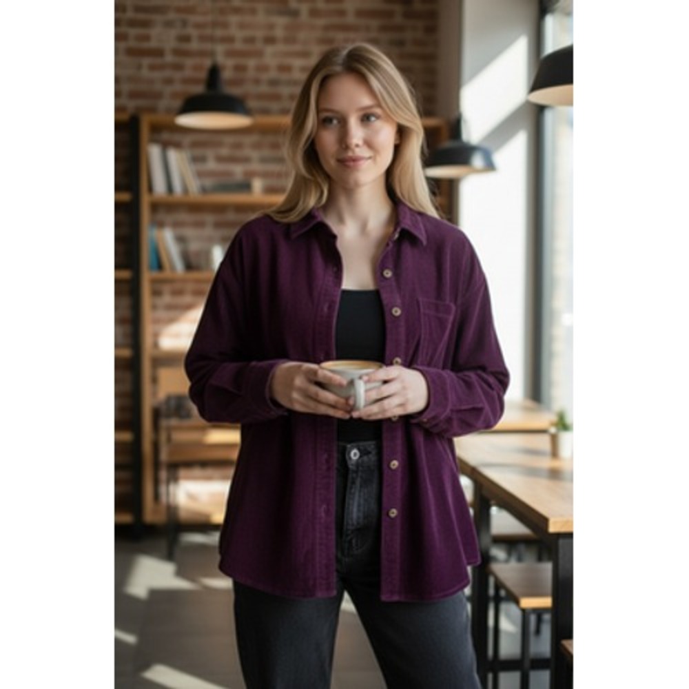 LL Bean Shirt Womens Medium Purple Corduroy Button Front Long Sleeve Pocket